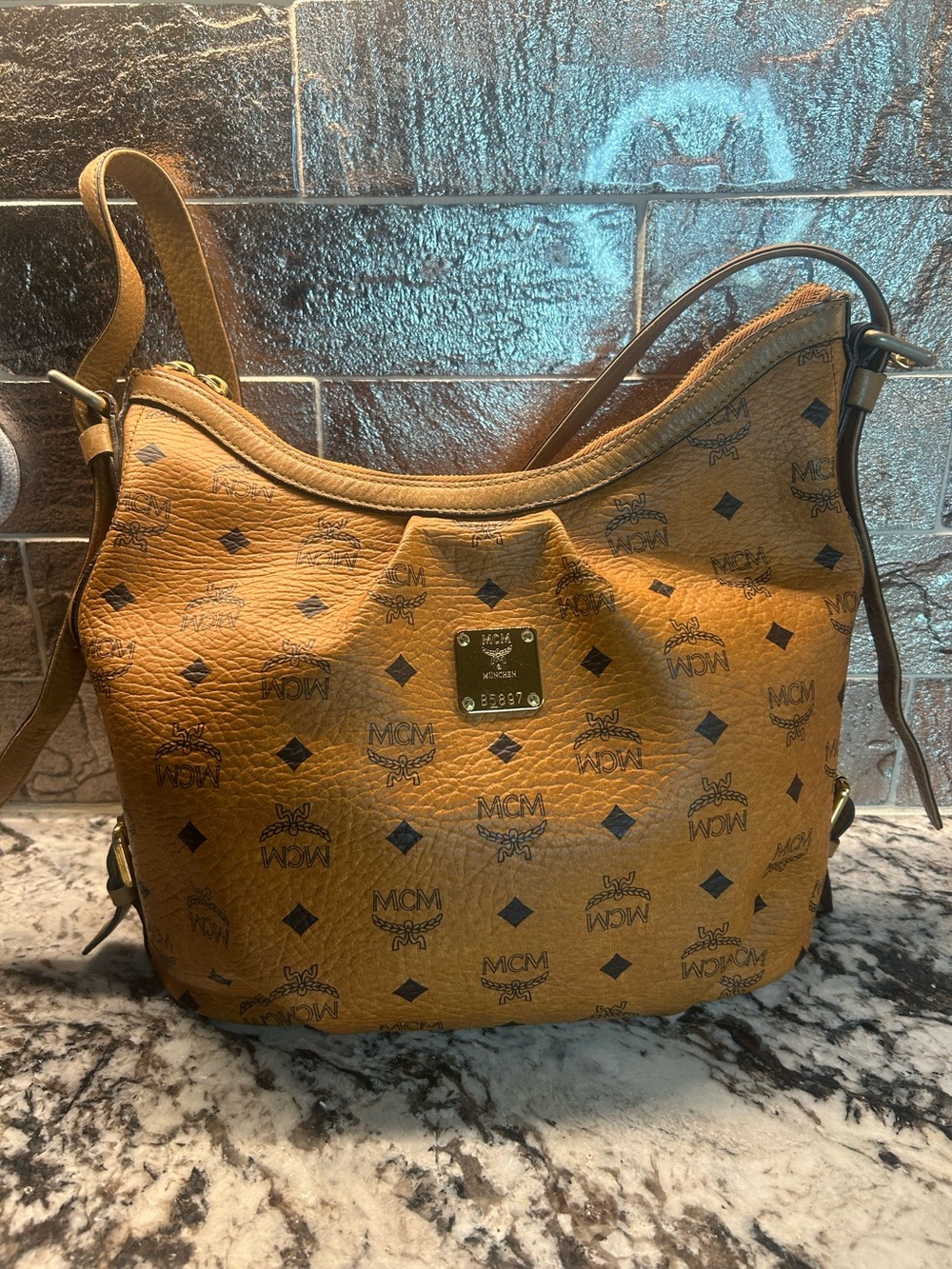 MCM Tan Monogram Shoulder Bag with Dark Brown Trim with lock